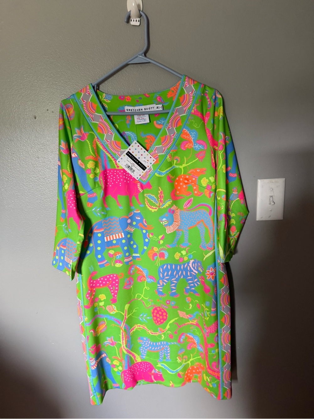 Gretchen Scott Designs Neon Green Multicolor Animal Kingdom print size M
